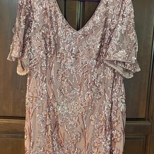 Alex Evenings Gown with Flutter Sleeves and V-Neck- Rose Gold